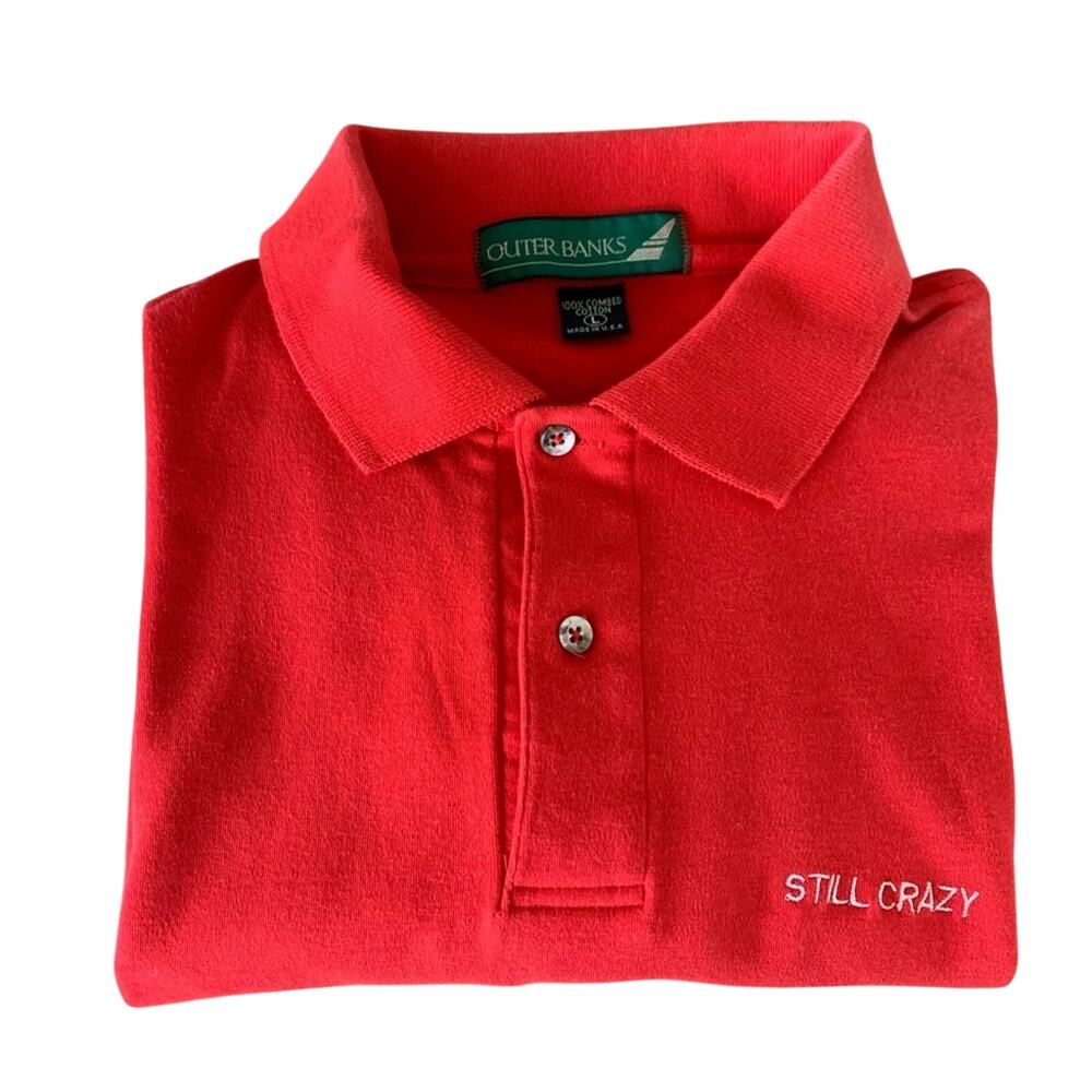 Outerbanks cotton red polo shirt - “Still Crazy” embroidered on chest L